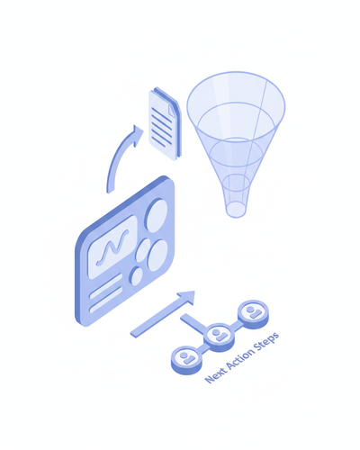 3D isometric illustration of CRM opportunity data being summarized into action recommendations