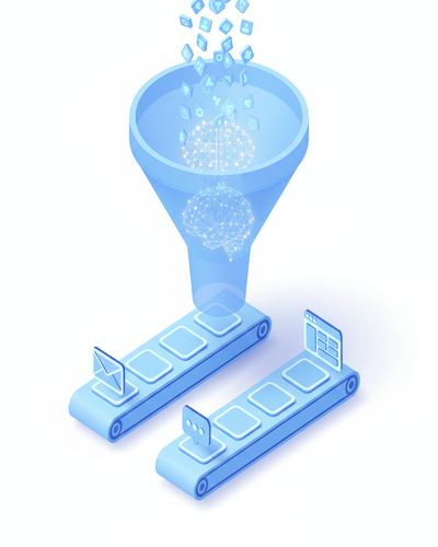3D isometric illustration of sales opportunities being sorted into prioritized action recommendations