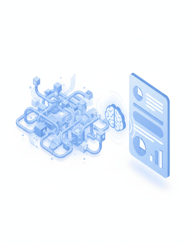 3D isometric illustration of complex data pipelines being transformed into clean documentation