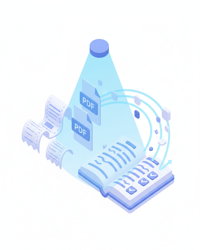 3D isometric illustration of receipts being scanned by OCR and validated against expense records