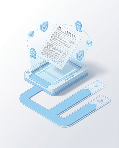 3D isometric illustration of a document scanning platform with verification checkmarks routing vendor forms through approval pathways