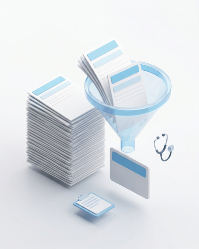 3D isometric illustration of medical documents being compressed through an AI funnel into concise summary cards