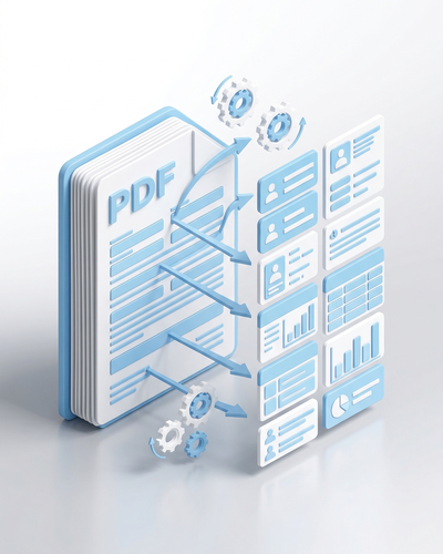 3D isometric illustration of a PDF document with form fields being pulled out as floating structured data blocks