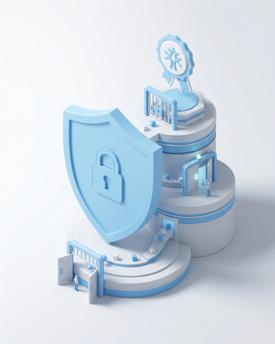 3D isometric illustration of a shield with lock icon protecting tiered data access platforms with certification badges