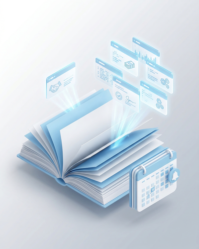 3D isometric illustration of multi-page contracts with AI extraction beams pulling key terms into floating data cards and calendar notifications