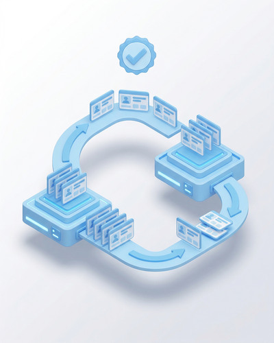 3D isometric illustration of connected business system platforms with entity record cards flowing between them via sync arrows