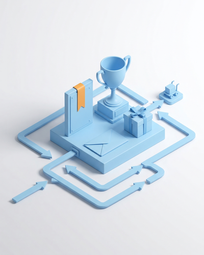 3D isometric illustration of a trophy and award plaque on a delivery platform with routing arrows to office and home destinations