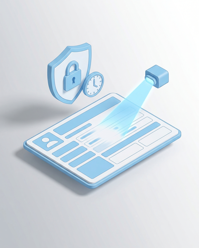 3D isometric illustration of a contact record card being sanitized by a glowing cleaning beam with a privacy shield above