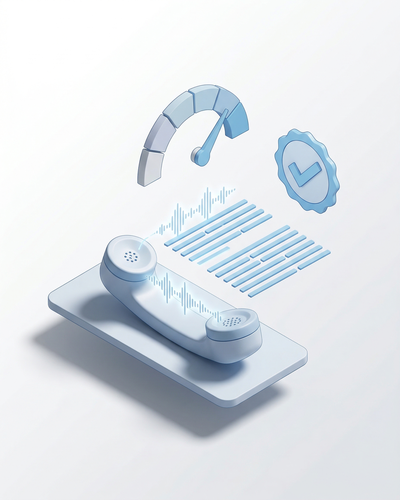 3D isometric illustration of a phone handset with audio waveforms transforming into structured transcript lines and QA scoring gauges
