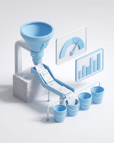 3D isometric illustration of survey response forms being funneled into themed category buckets with sentiment gauges