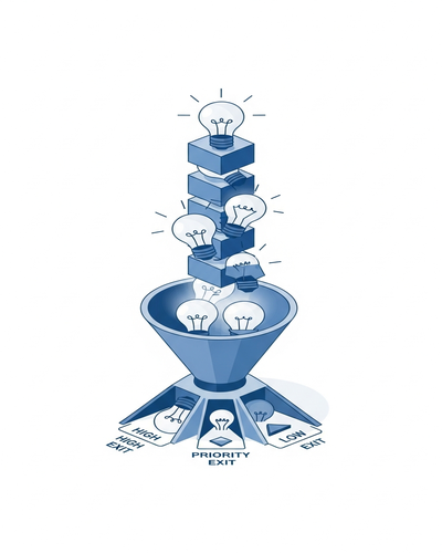 3D isometric illustration of product ideas being sorted and prioritized through an AI funnel
