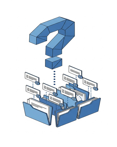 3D isometric illustration of support inquiries matched to document sources producing cited answers
