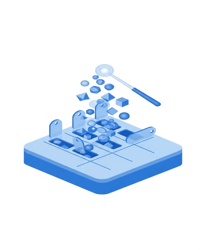 3D isometric illustration of AI auto-generating metadata descriptions and tags for dataset columns