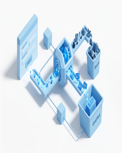 3D isometric illustration of AI filtering web leads to separate qualified prospects from spam