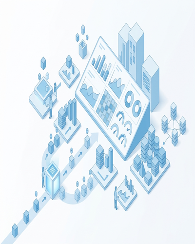 3D isometric illustration of AI analyzing support ticket sentiment alongside credit usage optimization