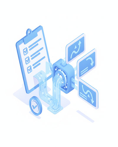 3D isometric illustration of patient survey data being analyzed into improvement recommendations