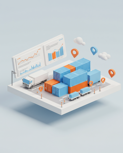 3D isometric illustration of freight containers and shipping logistics network