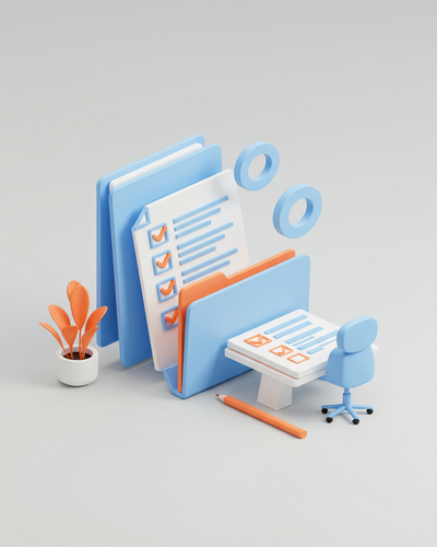 3D isometric illustration of proposal documents and knowledge base