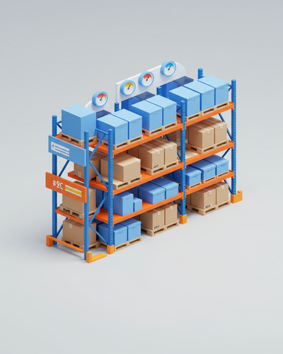 3D isometric illustration of warehouse shelves with stock level indicators