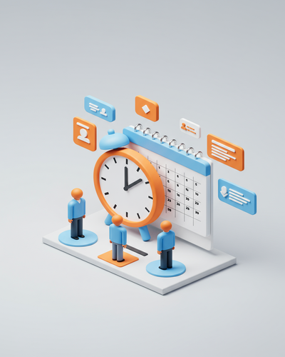 3D isometric illustration of clock face with time cards and workforce scheduling