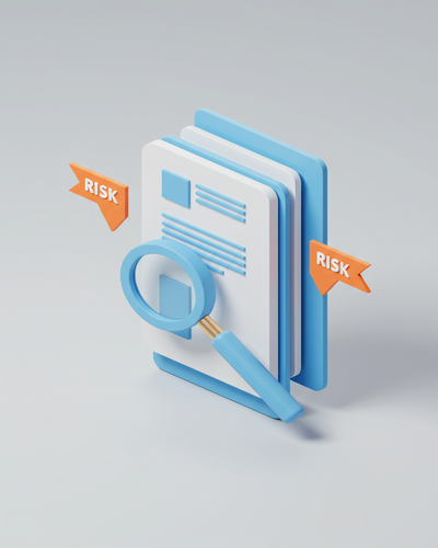 3D isometric illustration of legal documents with magnifying glass and risk markers