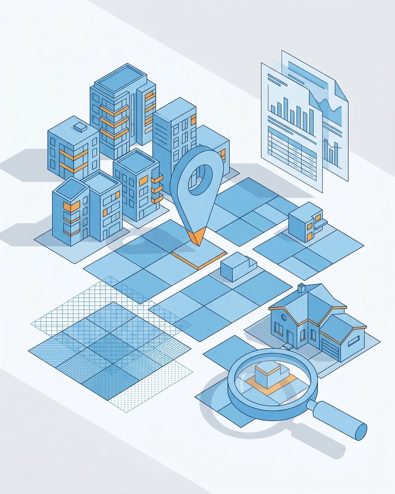 3D isometric real estate buildings with map pin and property parcels in Domo blue