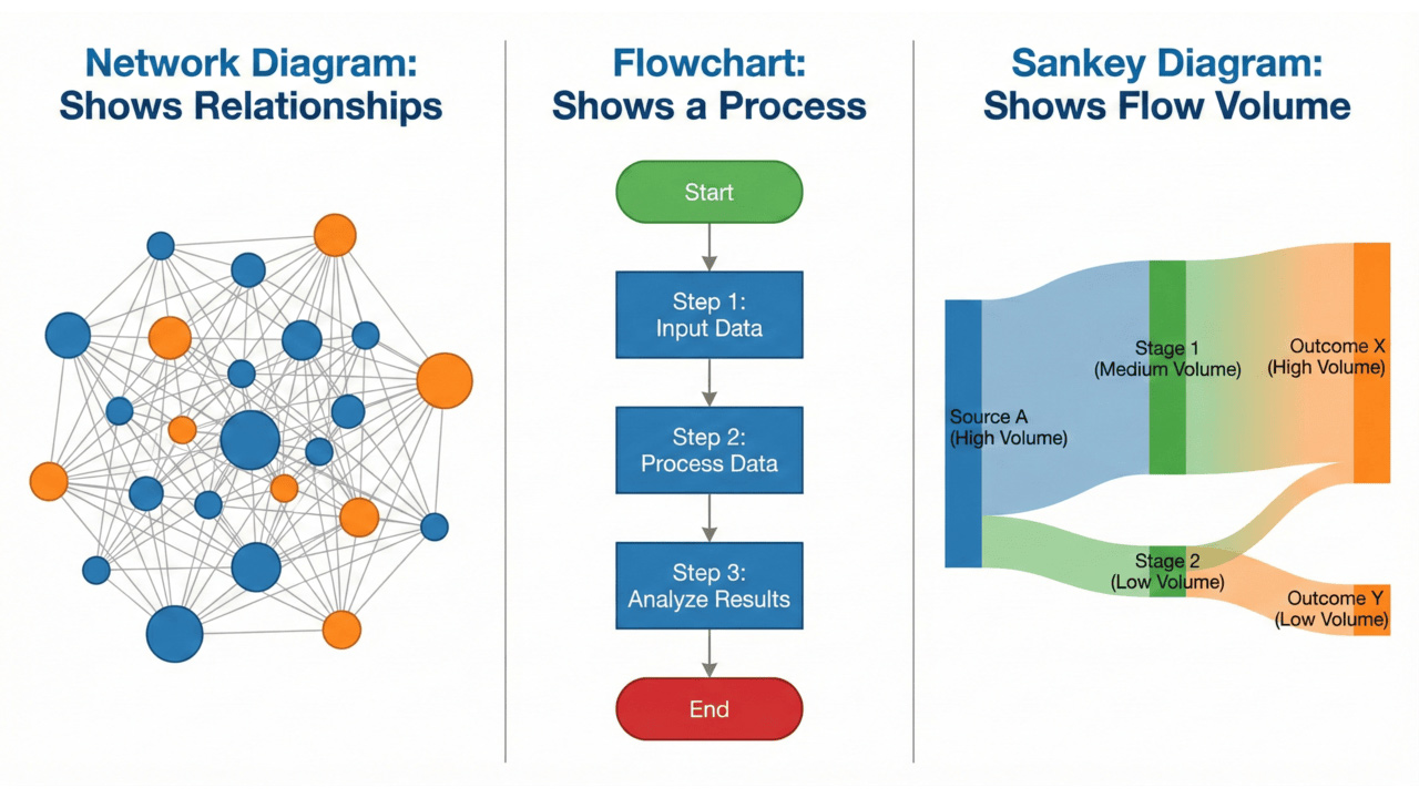 Network Diagram versus Flowchart versus Sankey Diagram