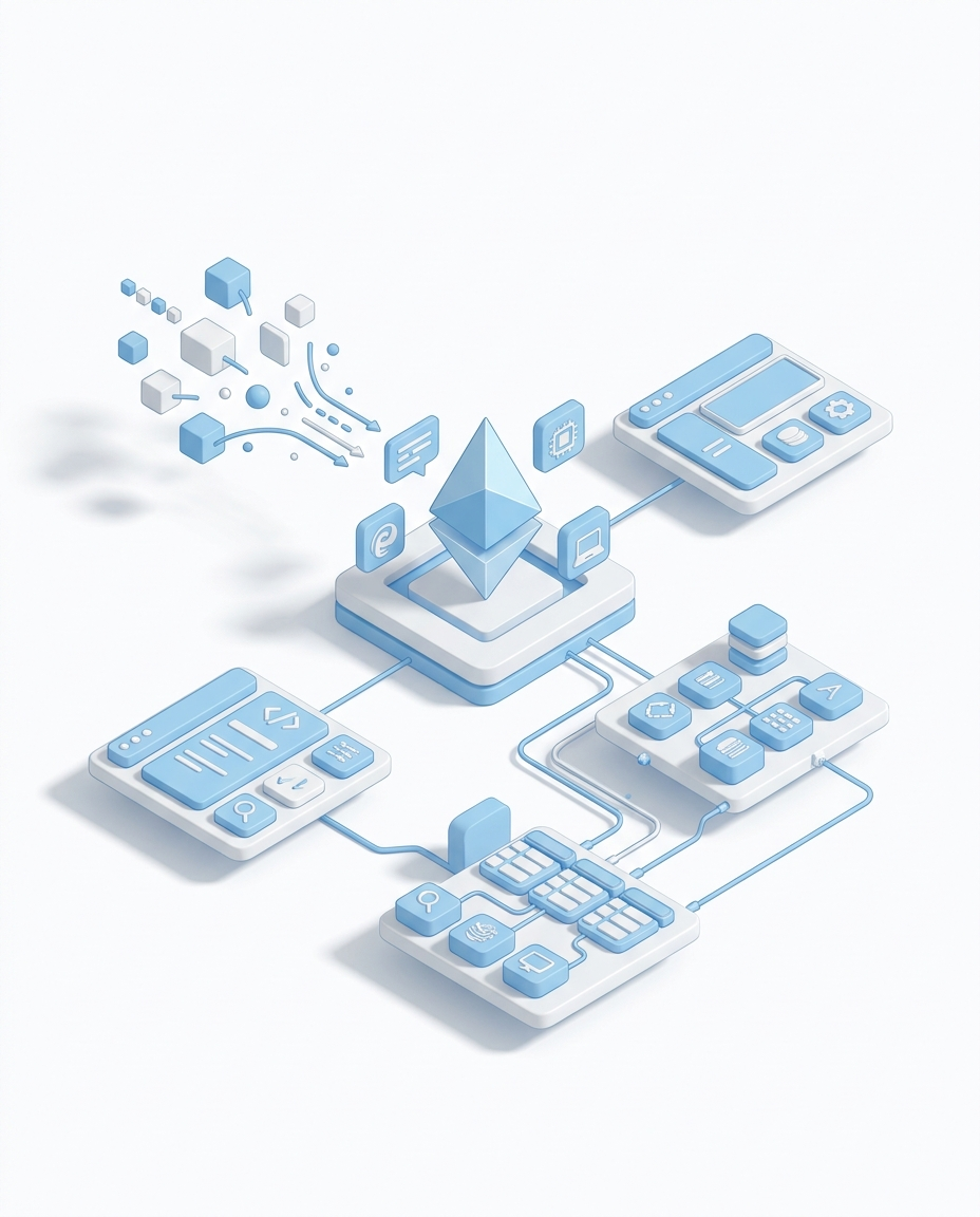 3D isometric illustration of AI-Assisted Application Builder Agent in Domo blue
