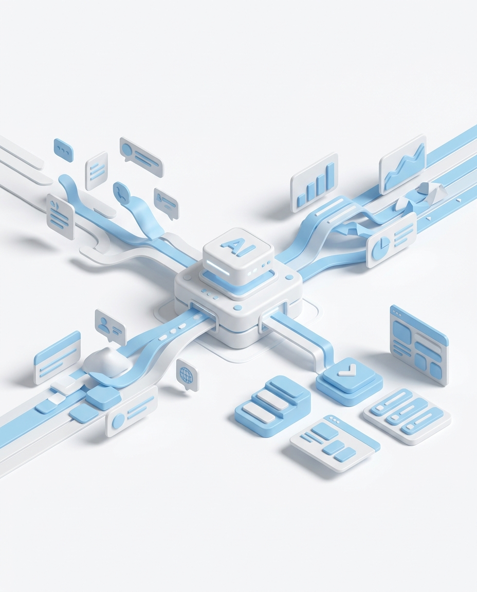 3D isometric illustration of Account Signals AI Agent in Domo blue