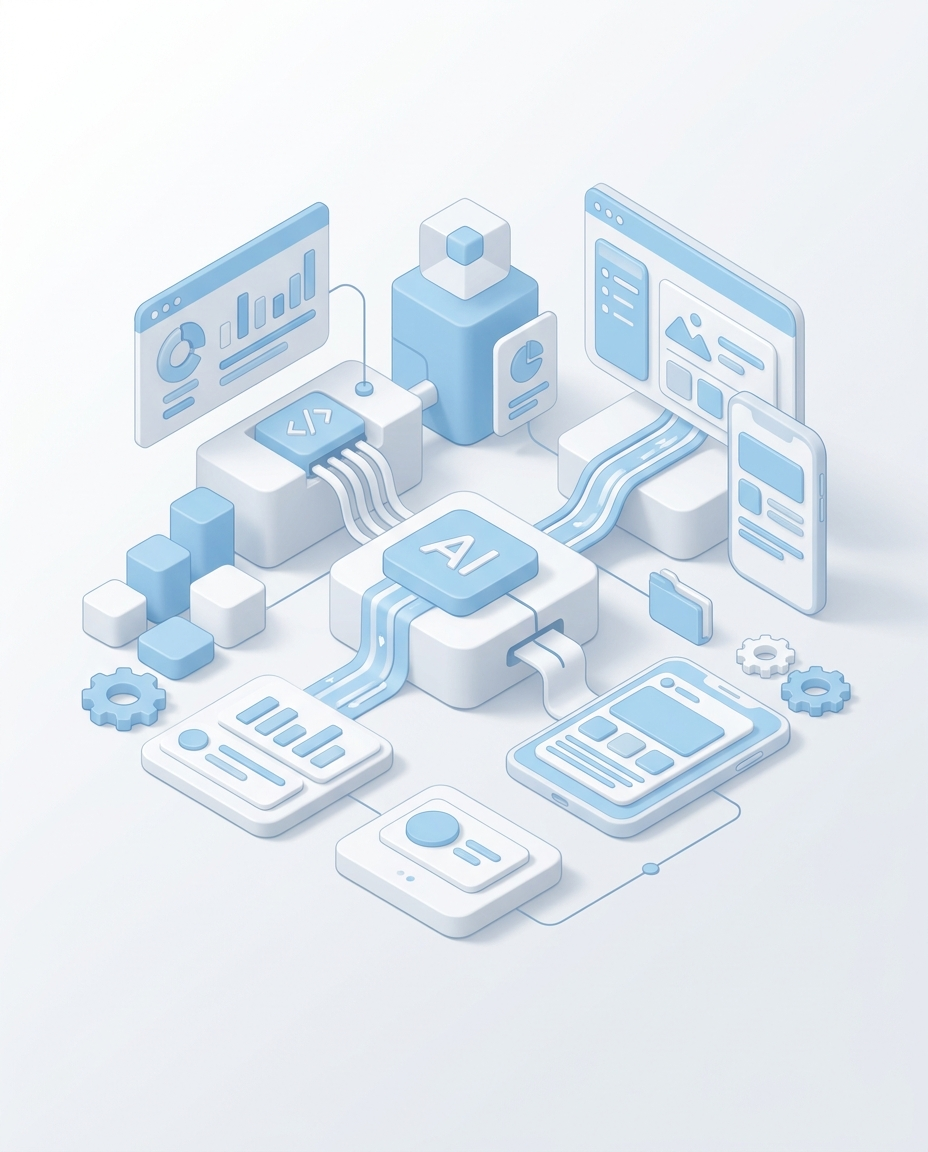 3D isometric illustration of App Generator AI Agent in Domo blue