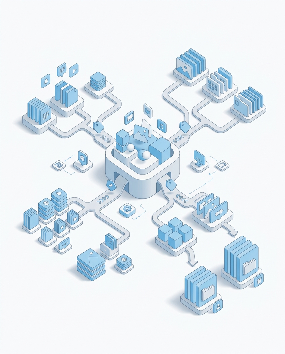 3D isometric illustration of Asset Governance & Tagging AI Agent in Domo blue