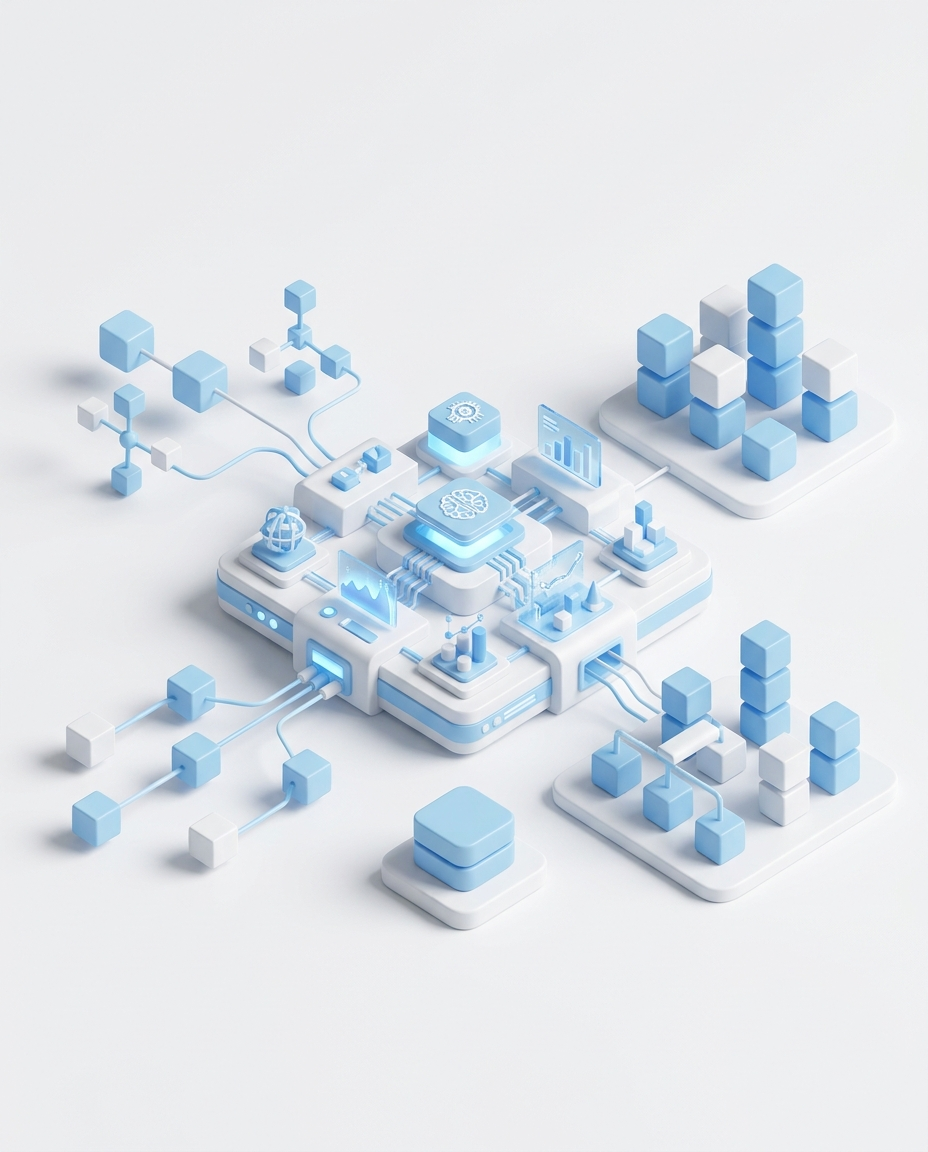 3D isometric illustration of Campaign Taxonomy AI Agent in Domo blue