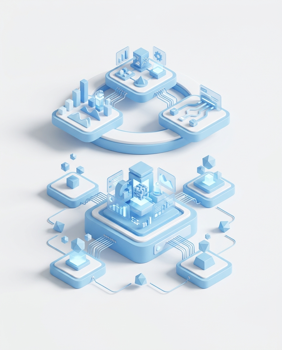 3D isometric illustration of Cloud Amplifier Migration AI Agent in Domo blue