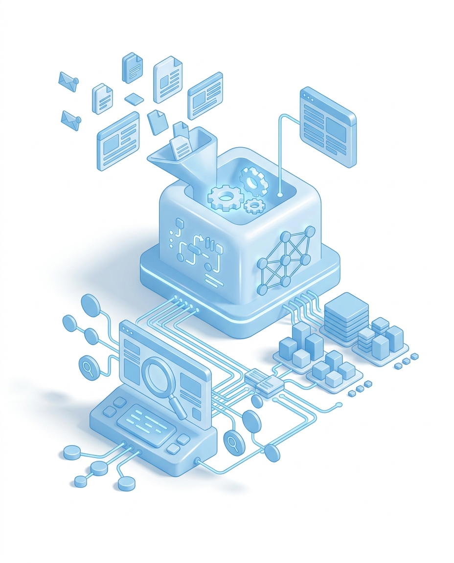 3D isometric illustration of Competitor News Analysis AI Agent in Domo blue