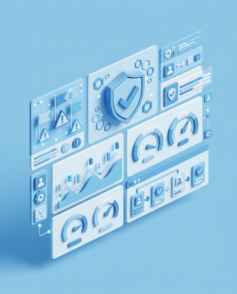 3D isometric illustration of risk management dashboard with shield, alert flags, and financial monitoring gauges