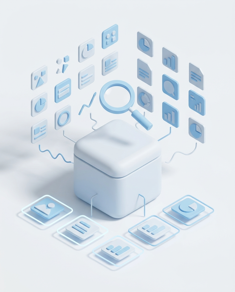 3D isometric illustration of Content Discovery AI Agent in Domo blue