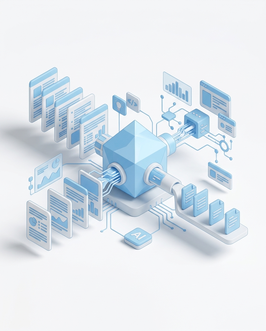 3D isometric illustration of Content Summarization AI Agent in Domo blue