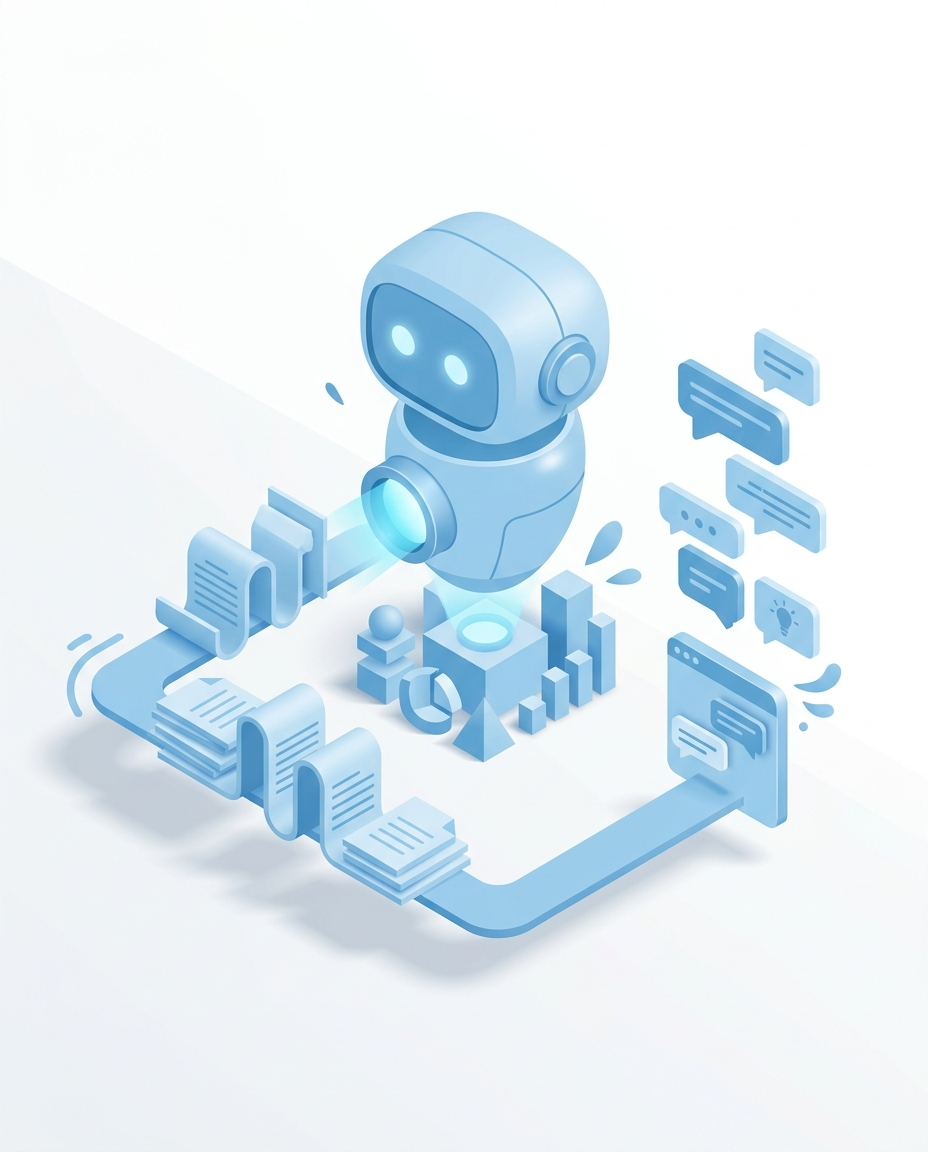3D isometric illustration of Conversational Data Access AI Agent in Domo blue