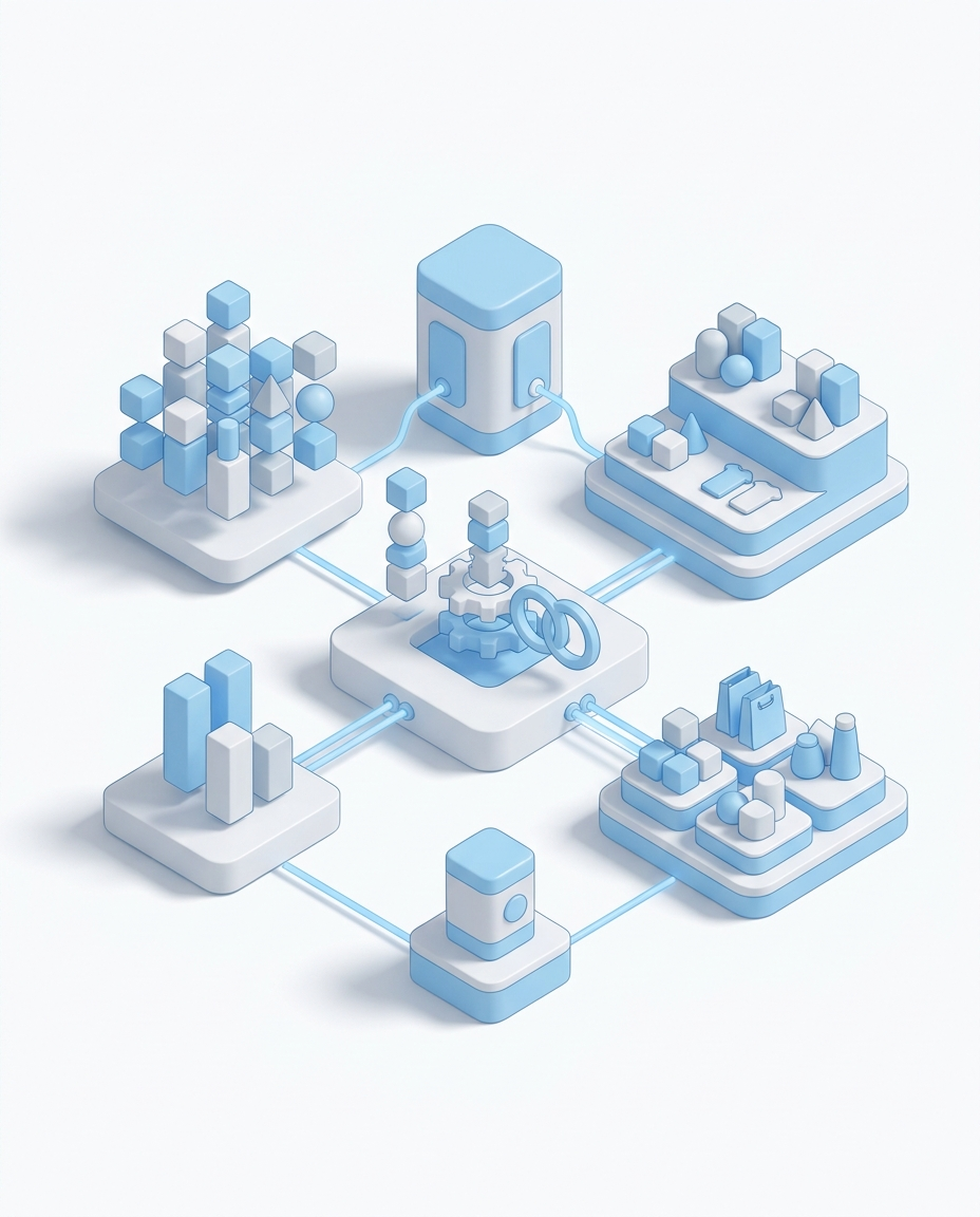 3D isometric illustration of D2C Upsell & Cross-Sell AI Agent in Domo blue