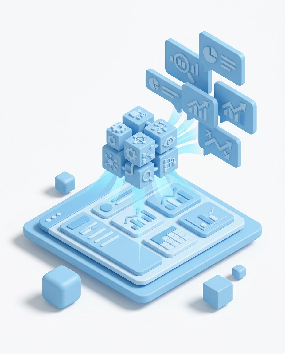 3D isometric illustration of Dashboard Insights AI Agent in Domo blue