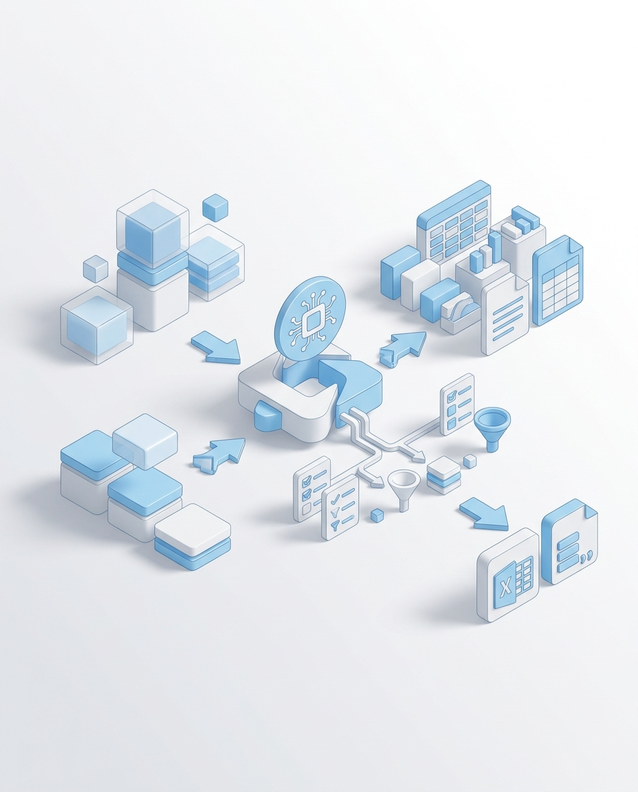 3D isometric illustration of Data Export AI Agent in Domo blue