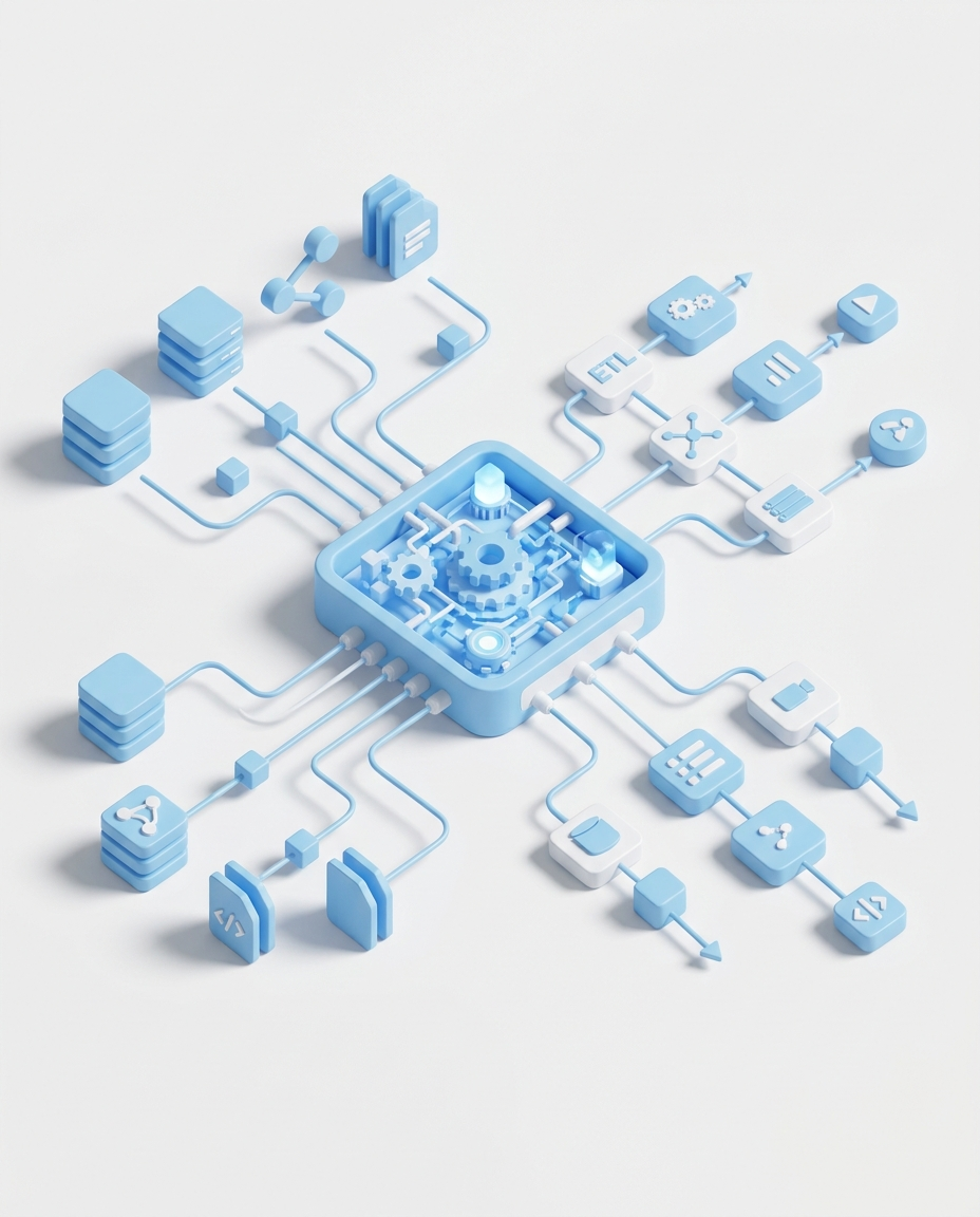 3D isometric illustration of Dataflow Generator AI Agent in Domo blue