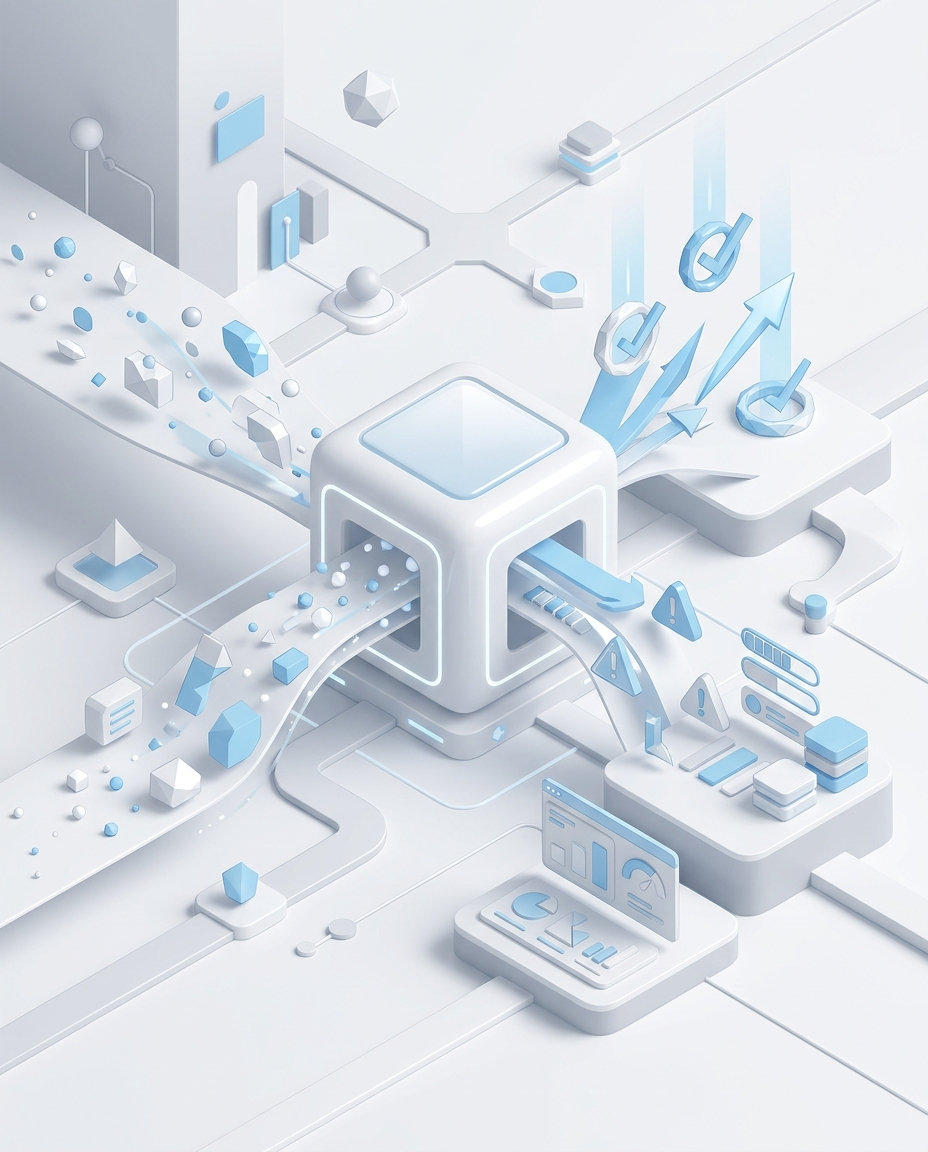 3D isometric illustration of Deal Intelligence AI Agent in Domo blue