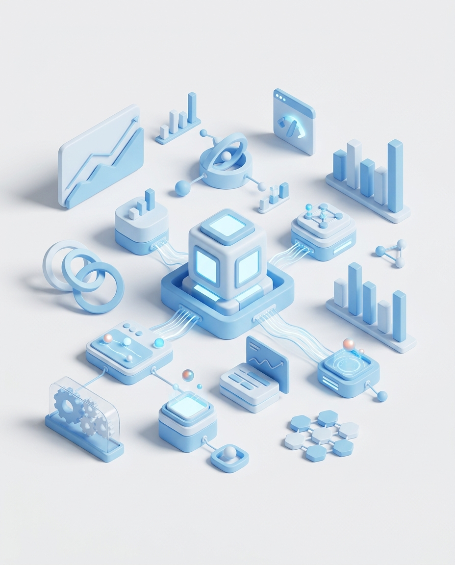 3D isometric illustration of Digital Advertising Optimization AI Agent in Domo blue
