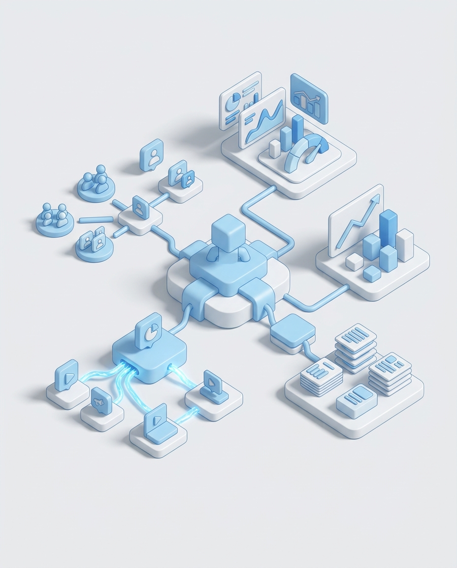 3D isometric illustration of Digital Marketing AI Agent in Domo blue