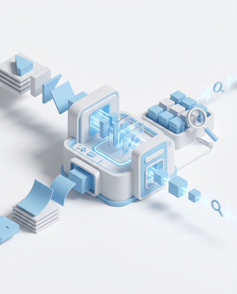 3D isometric illustration of Document Parsing & Search AI Agent in Domo blue