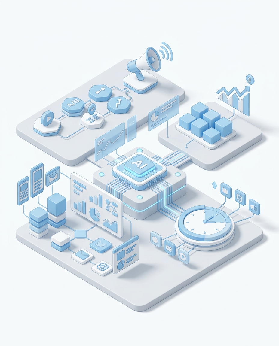 3D isometric illustration of Email & CRM Optimization AI Agent in Domo blue