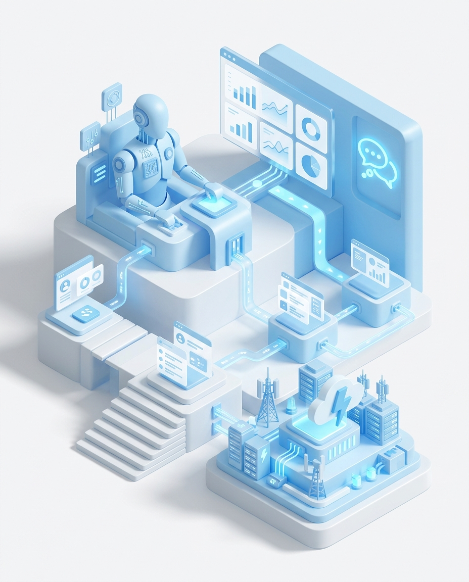 3D isometric illustration of Embedded Analytics Intelligence AI Agent in Domo blue