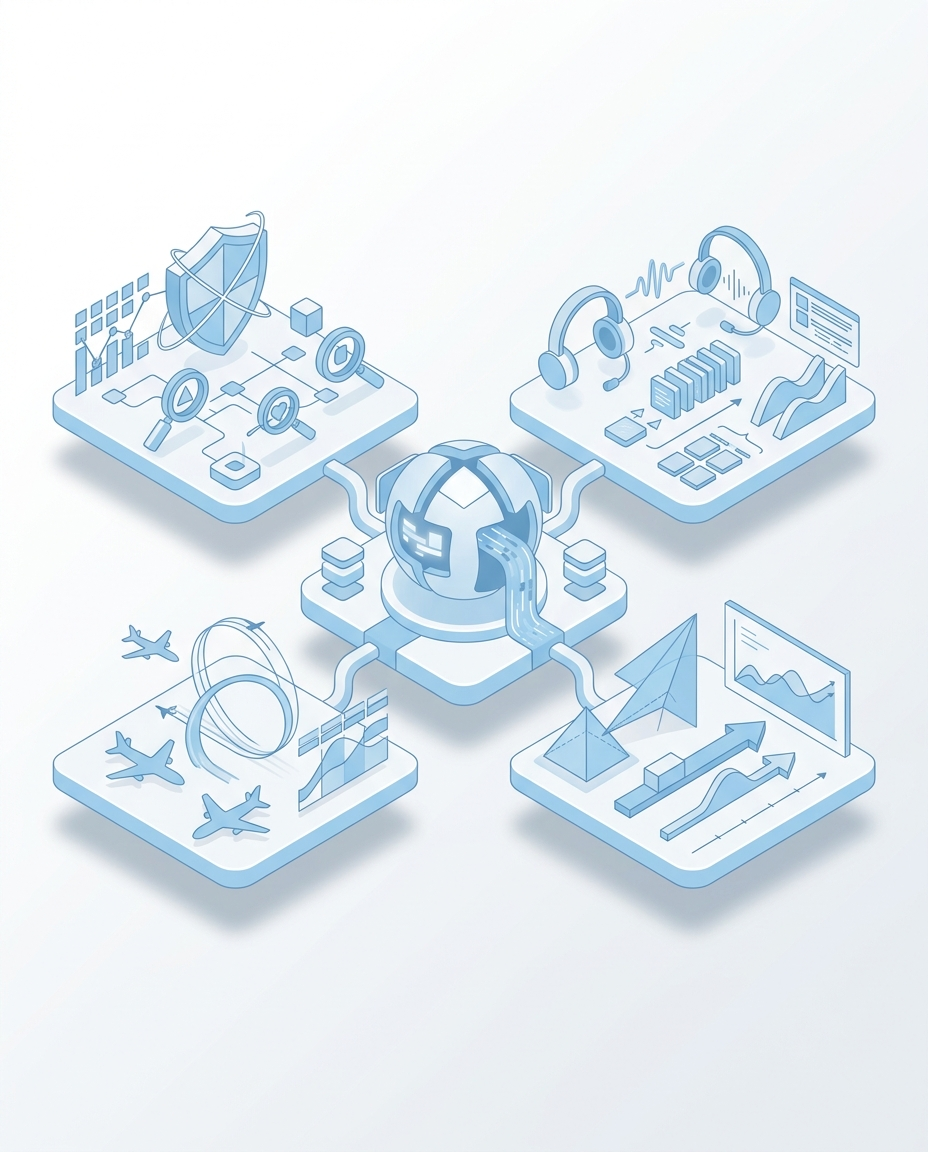 3D isometric illustration of Enterprise AI/ML Demo Suite AI Agent in Domo blue