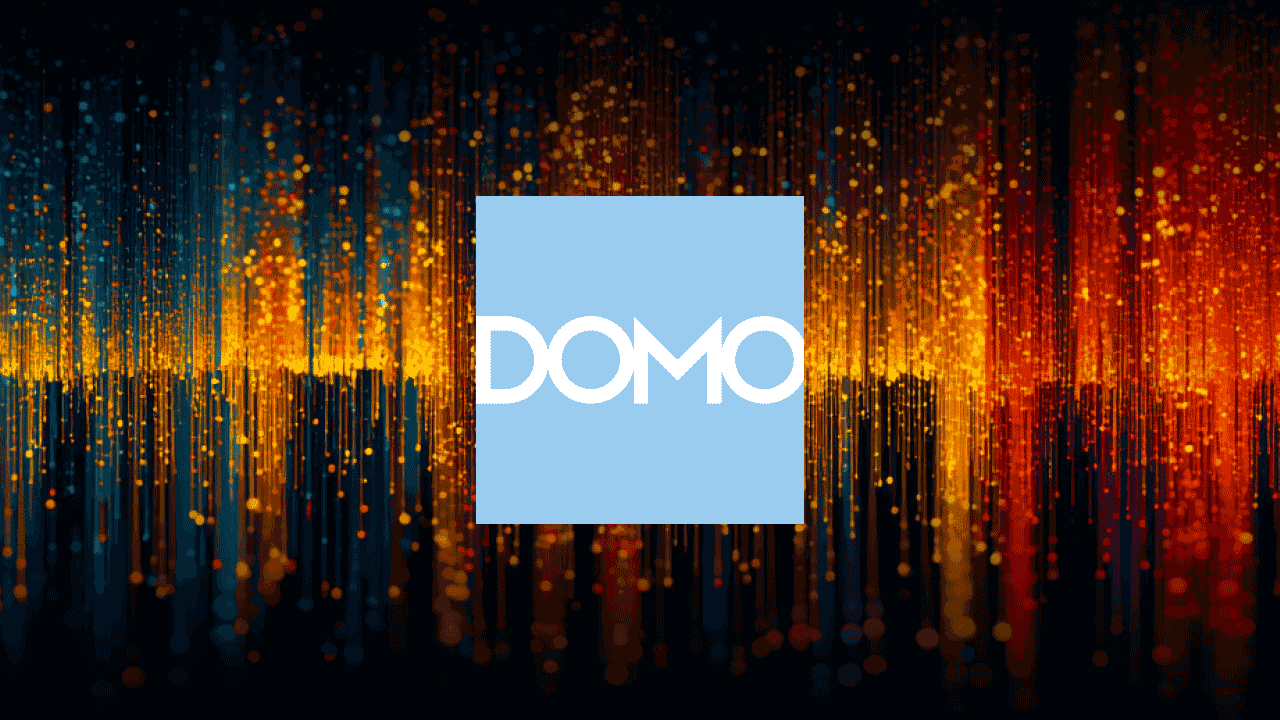 Blue square with white DOMO text centered on abstract vertical lines of yellow and orange light dots.